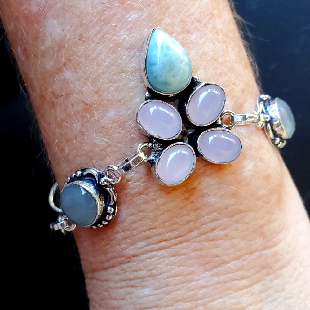 New Larimar, Rose Quartz and Chalcedony 925 Silver Bangle Bracelet.